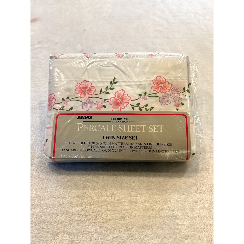 Vintage Sears Colormate Carnation Twin Percale Sheet Set Floral Pink Purple USA